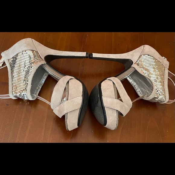 Sexy Naughty Monkey High Heel Sandals Beige Suede with Metal Mesh Ankle Wrap. - Picture 2 of 11